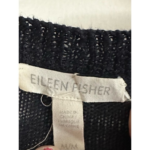 Eileen Fisher Navy Blue Open Front Linen 3/4 Sleeve Cardigan Sweater - Medium - Picture 2 of 4